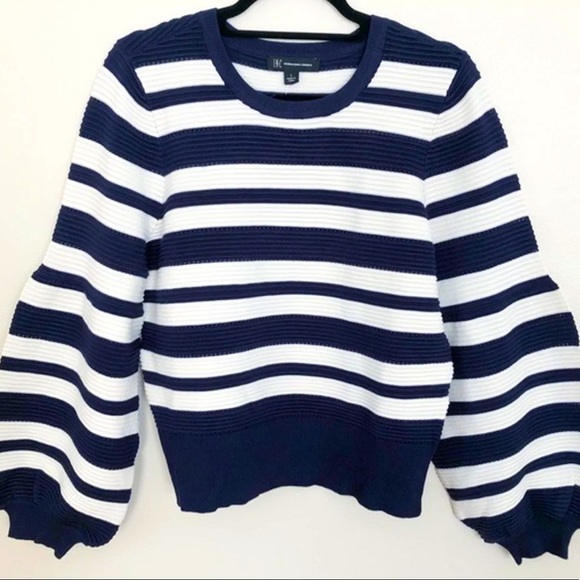 NEW INC Striped Navy Blue Balloon Sleeve Jewel Neck Sweater Rib Knit - Picture 3 of 6